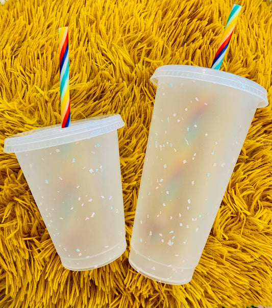 Colour changing confetti Cold Cups with rainbow straw